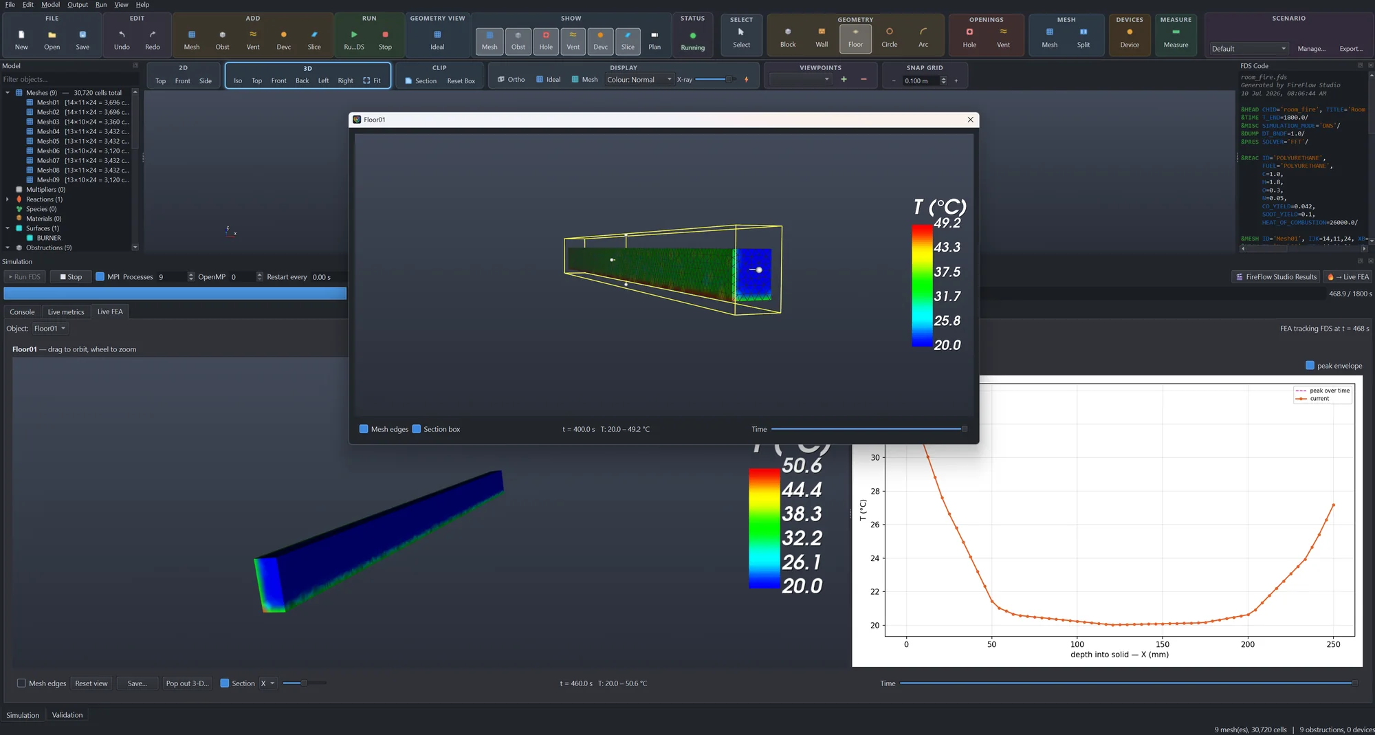 FireFlow Studio 3-D FEA member: a solid beam coloured by temperature with a draggable section box and a temperature-through-depth profile plot