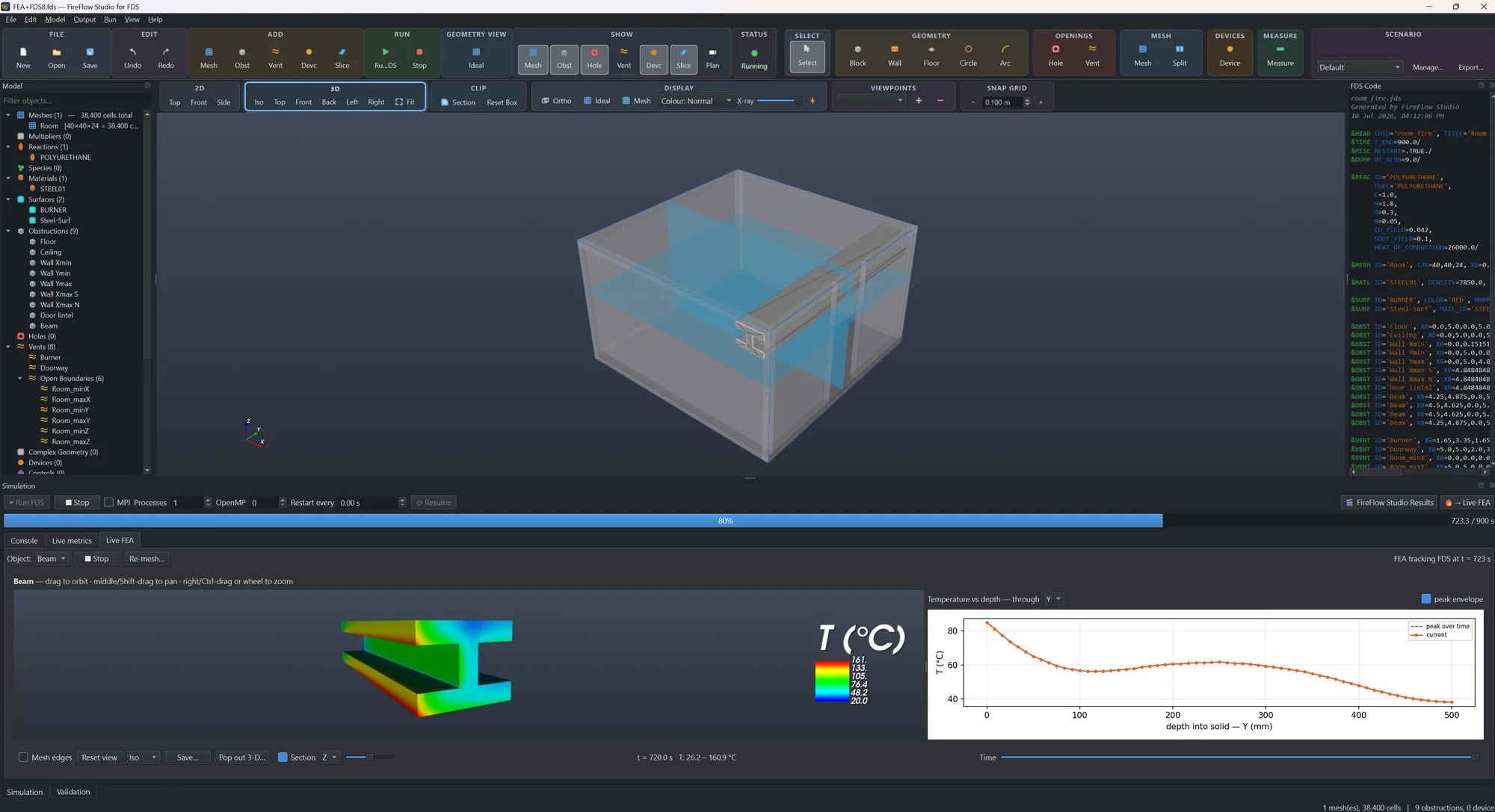 FireFlow Studio Live FEA: a fire-thermal analysis running alongside FDS, showing a selected steel beam's temperature field and its temperature-through-depth plot while the simulation is in progress