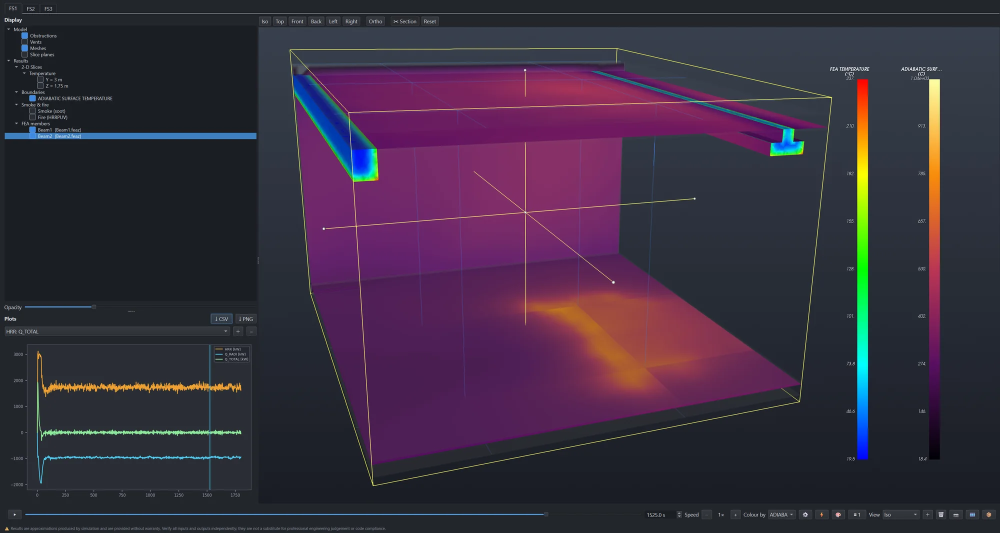 FireFlow Studio results viewer: solved FEA members rendered in place inside the fire model, alongside temperature slices, adiabatic surface temperature and smoke, with per-scenario tabs and shared colour scales