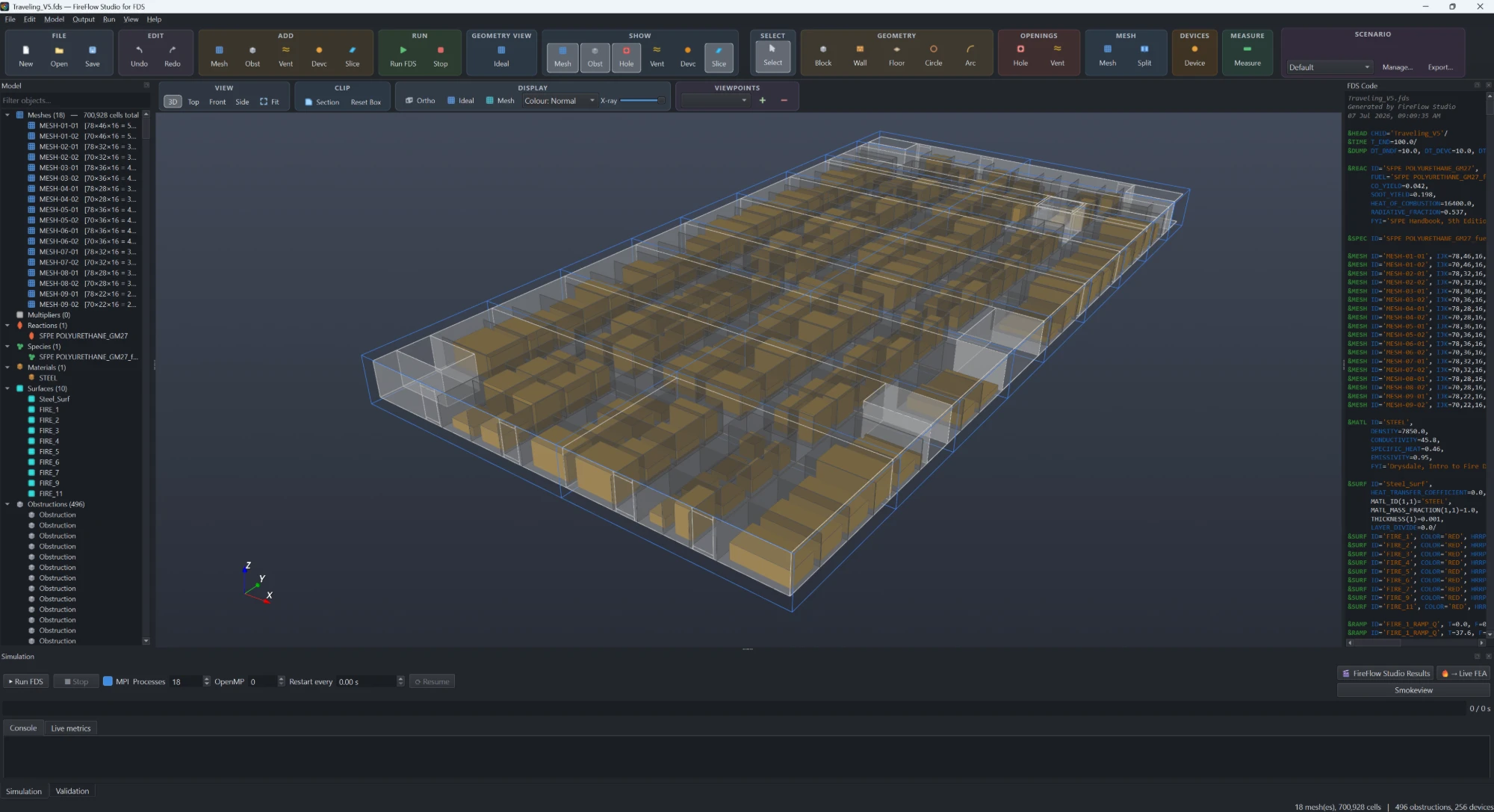 FireFlow Studio modelling workspace: a large multi-mesh warehouse model with 18 meshes and 700,928 cells, colour-grouped toolbar, model tree and live FDS code panel